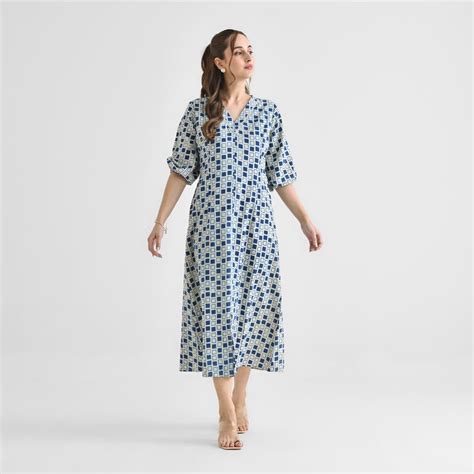 Buy Indigo Contemporary Akola Dabu Inspired Cotton Dress with V ...