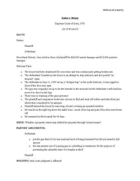 Katko v Briney Case Brief 2020 - Defense of property Katko v. Briney ...