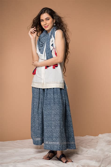 Shop White & Indigo Hand Block Printed V-Neck Long Shirt with Gathered ...