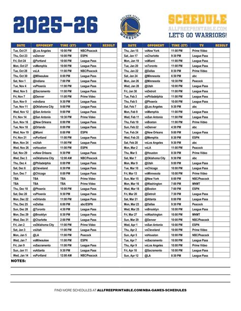 2025-26 Golden State Warriors Schedule – Free Printable