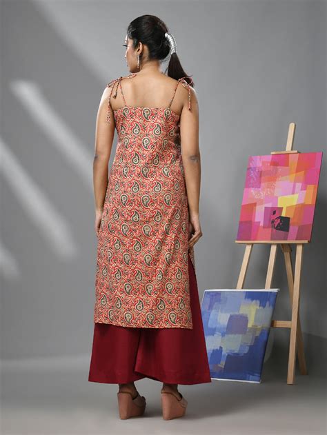 Red Cotton Paisley Printed Kurta & Palazzo Set With Noodle Straps ...