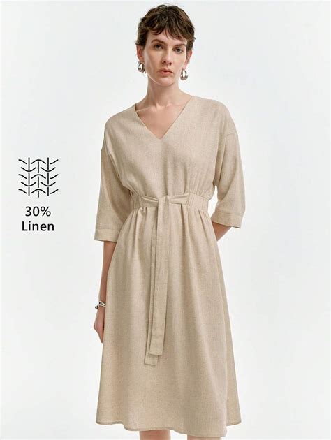 Aalyst Women's Elegant Casual V-Neck Cinched Waist A-Line Midi Dress ...