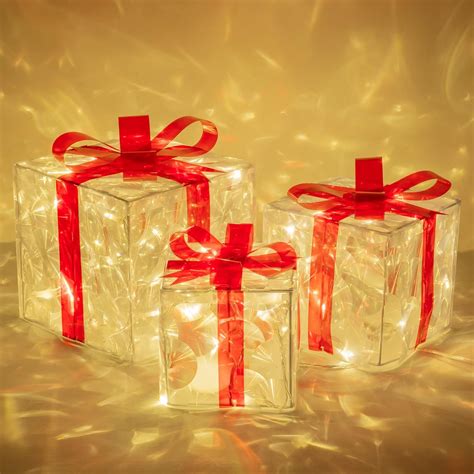 FUNPENY Set of 3 Christmas 60 LED Lighted Gift Boxes, Transparent Warm ...