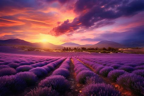 Beautiful sunset over lavender field in Provence, France, Beautiful ...