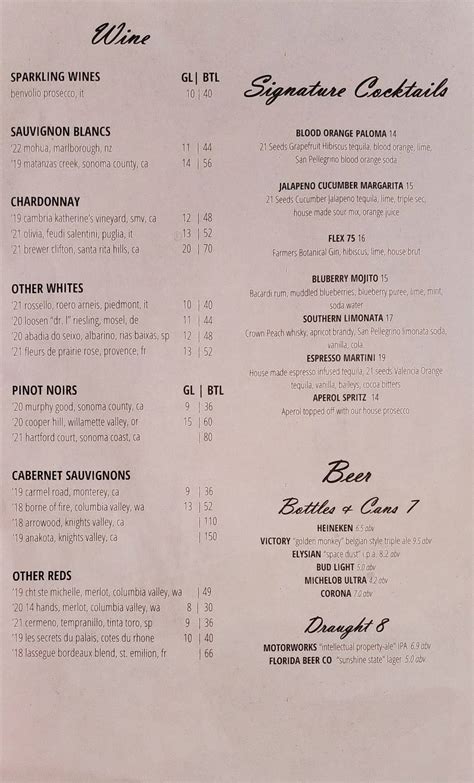 Menu at Artisan's Table restaurant, Orlando