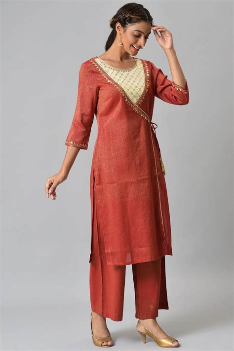 Buy Red Zari Embroidered kurta and Straight Palazzo Set Online for ...