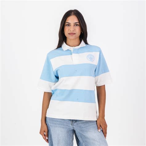 Manchester City Stripe Rugby Polo - Sky Blue - Old School