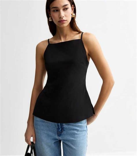Black Slit Hem Longline Jersey Cami Top | New Look