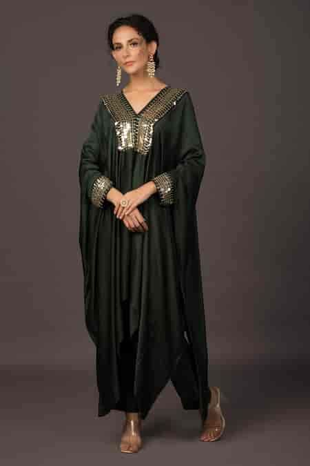 Buy Green Satin Sequin And Thread V Neck Kaftan Kurta & Pant Set For ...