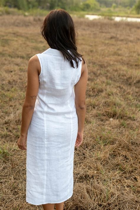Womens Dresses | The Linen Notch Collar Dress Pearl White
