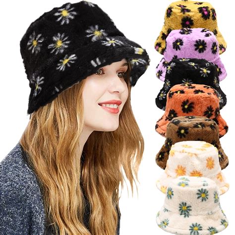 Ludlz Winter Bucket Hat Daisy Furry Fisherman Hats for Women Plush Warm ...