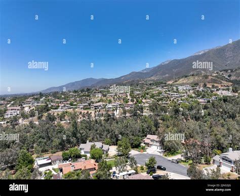 Aerial view of wealthy Alta Loma community and mountain range, Rancho ...