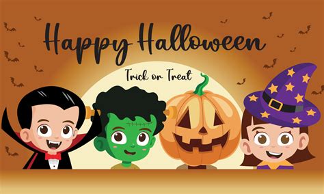 Happy halloween with kids in vampire, frankenstein, pumpkin and witch costumes vector ...