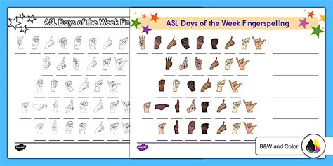 ASL Days of the Week Fingerspelling Worksheet
