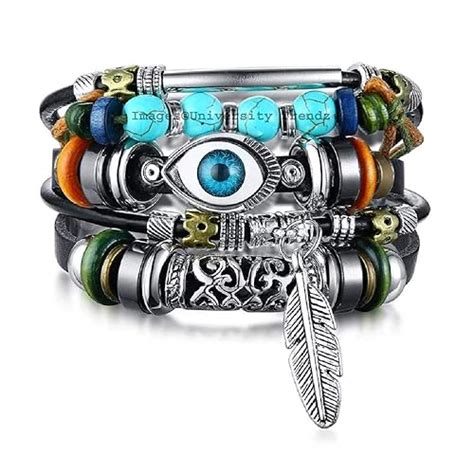 University Trendz Blue Evil Eye Multi-layer Leaf Charm Wrap Leather ...