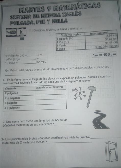 observa video la tabla y contesta sistema de medida inglés pulgada y ...