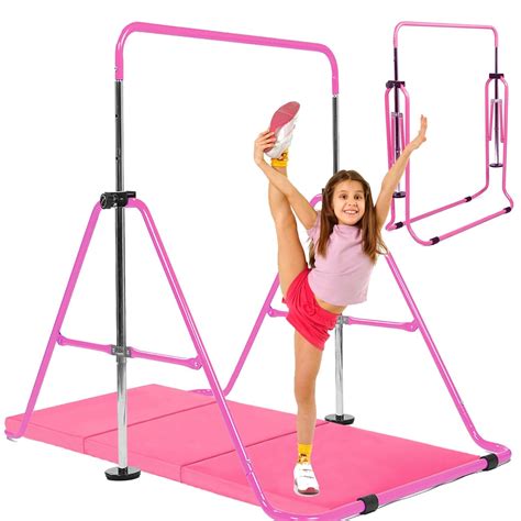 Kids Gymnastics Bar with Mat Pink 5ft x 2ft x 2in, Folding Horizontal ...