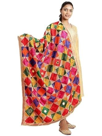 The Home Factory Women's Chiffon Phulkari Dupatta with Mirror Work ...