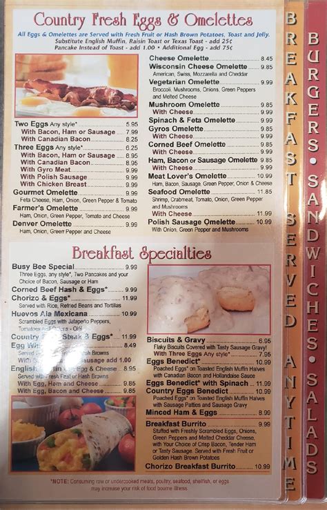 Busy Bee Wonder Lake Menu
