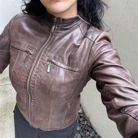 vintage brown acid wash leather jacket moto... - Depop