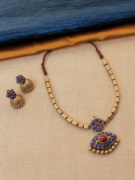 Attigai Design in Blue Shades Gold Premium Finish Jewelry Set in Fine ...