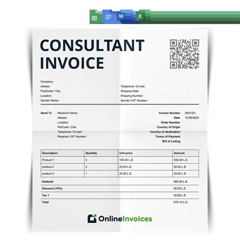 Consultant Invoice Template Free Download word, excel, google docs and sheets
