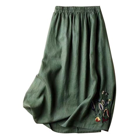 Skirts for Women,Vintage Floral Embroidered Cotton Linen Skirt for ...