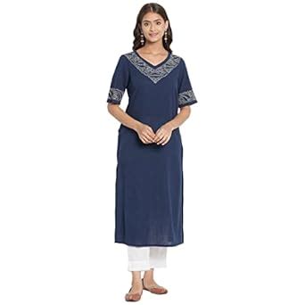 Buy Fabindia Women Embroidered V-Neck Cotton Long Kurta Chikankari_XS ...
