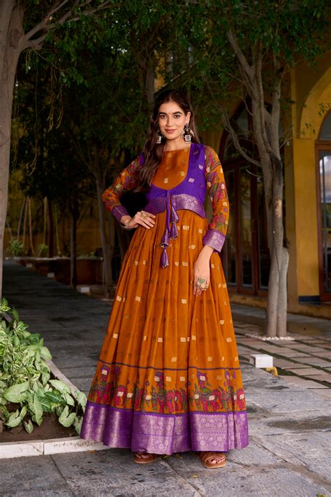 Mustard Yellow Poly Cotton Kalamkari Print Gown with Zari Weaving Koti ...