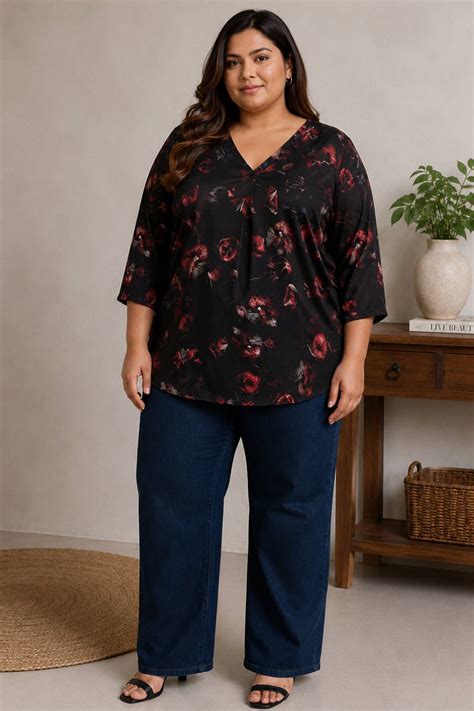 Plus Size Black Floral Print V-Neck Satin Top Online in India | Amydus