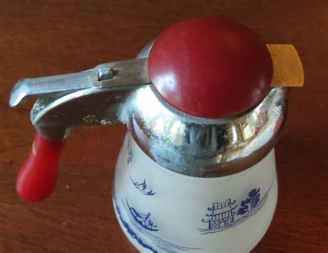 Blue Willow Frosted Glass Syrup Dispensers w/ Red Bakelite & Chrome Top ...