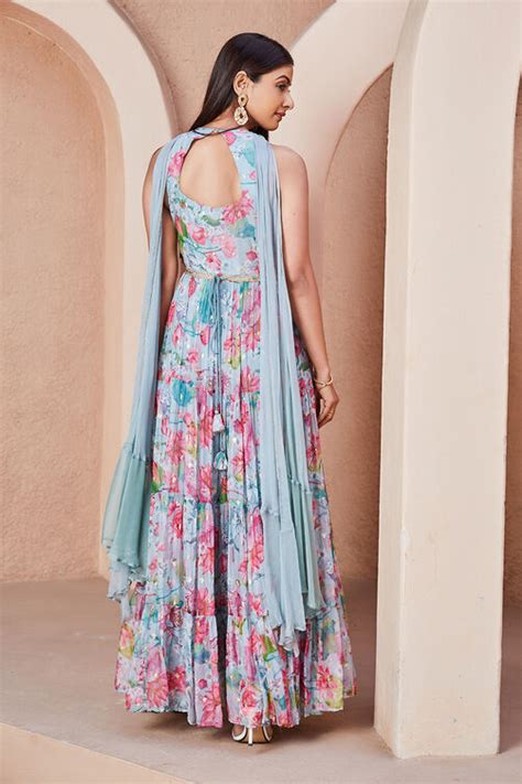 Grey Polyester Blend Anarkali Suit Set at Biba India