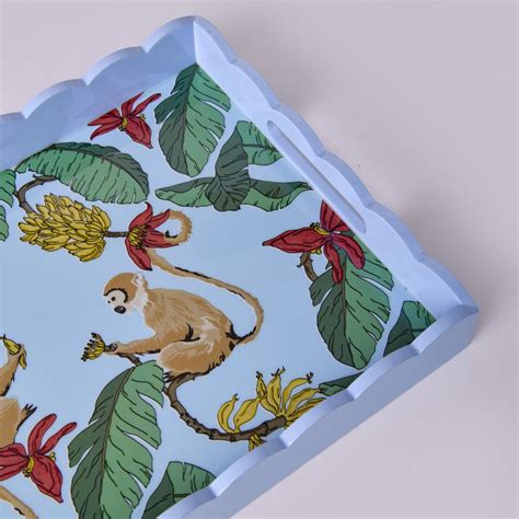 Tropica Enameled Tray: Monkeys in Mischief - Blue – Amaara Home