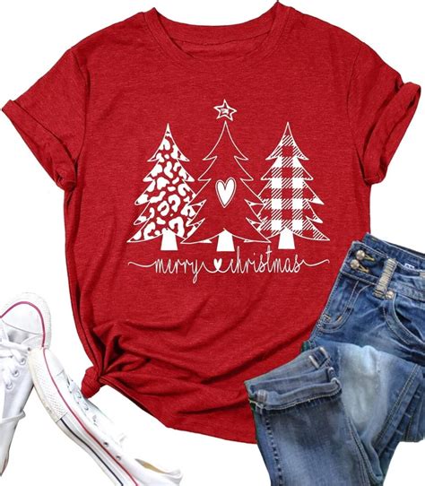 Womens Short Sleeve Merry Christmas T-Shirts Christmas Tree Bright ...