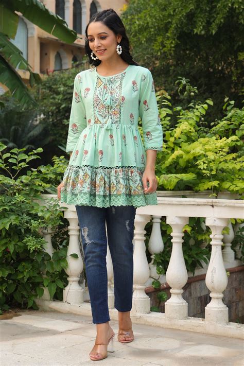 Pista Green Floral Printed Cotton Peplum Tunic with Lace - Juniper Fashion