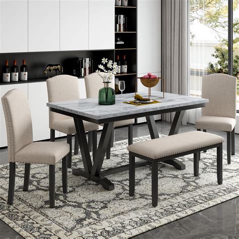 EUROCO 6 Piece Kitchen Dining Table and Chair Set,60” Dining Room Table ...