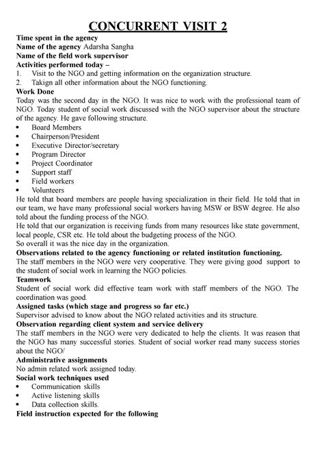 Concurrent visit report 2 - CONCURRENT VISIT 2 Time spent in the agency ...