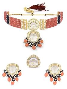 Buy ZAVERI PEARLS Pink Blue Multistrand Crystal Kundan Choker Necklace ...