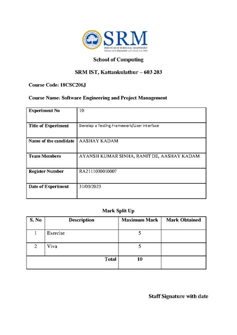 18CSC206J SEPM Ex 10( Aashay) - School of Computing SRM IST ...