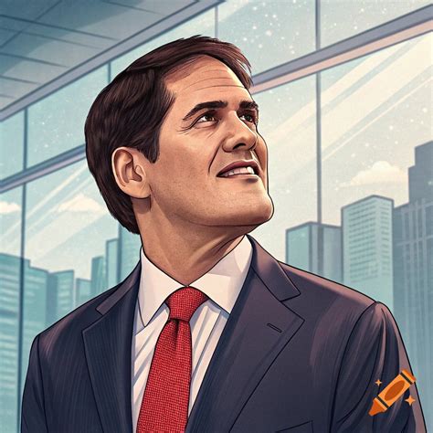 A stylized portrait of Mark Cuban in a suit and red tie, looking up ...