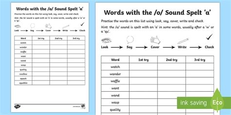 Year 2 Spelling Practice /o/ Sound Spelt 'a' Homework Worksheet / Worksheet