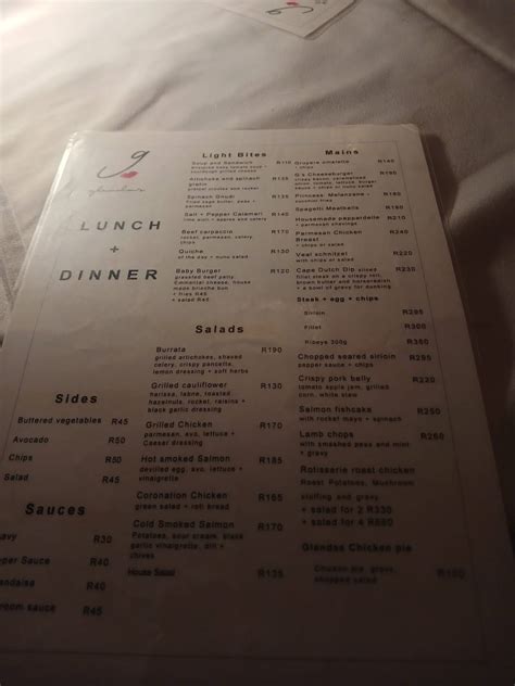 Menu at Glenda's restaurant, Sandton