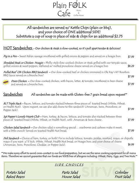 Plain Folk Live Music Cafe menus in Pleasant Plain, Ohio, United States