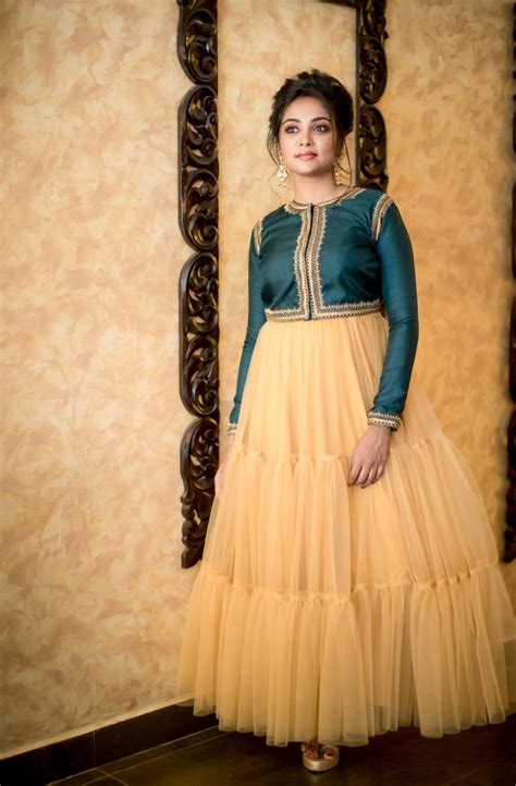Golden net anarkali with blue overcoat – YoshnasByEla