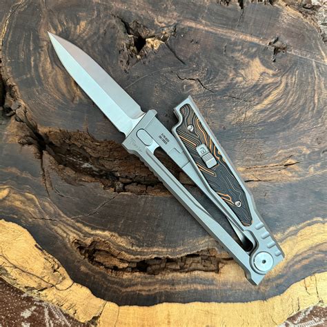 Reate EXO M D/E Gravity Knife Titanium Handle w/ Orange Black G10 Damascus Pattern Inlay Satin ...