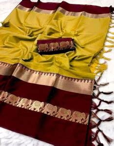 Buy KanjiQueen Woven Kanjivaram Cotton Silk, Silk Blend Maroon, Mustard ...