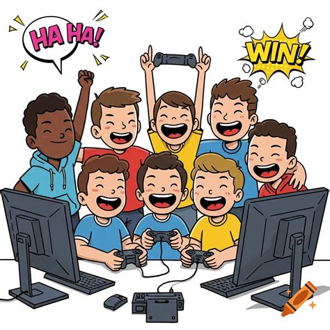 Animated boys laughing and cheering at a video game party with speech ...