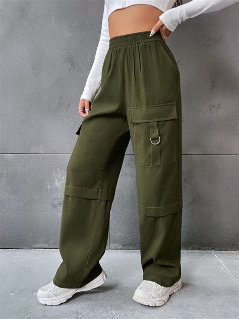 Army Green Casual Collar Woven Fabric Plain Cargo Pants Embellished Non ...