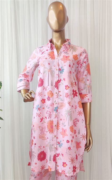 Pink Tropical Print Crepe Co-Ord Set