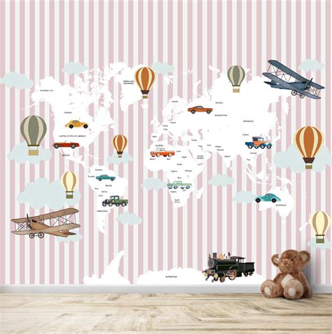 World Map with Gliders, Hot Air Balloons and Vintage Cars, Kids Room ...